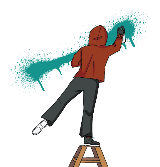 A cartoon of a person seen from behind, standing on a stepladder to spray paint