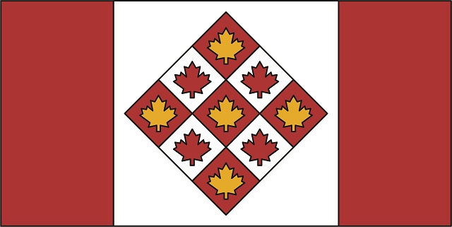 Drapeau rouge, blanc et or, avec 2 bandes rouges de chaque côté d’un losange au centre. Le losange est divisé en 9 sections, avec 1 feuille d’érable dans chacune d’elles.