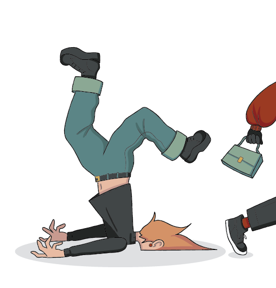 A cartoon of a person falling on their face with a partially-seen person running away with a bag