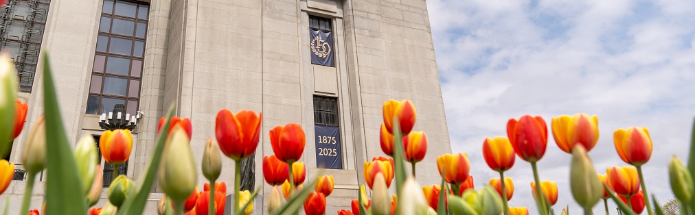 Bannière du 150e anniversaire de la Cour suprême du Canada au travers de tulipes