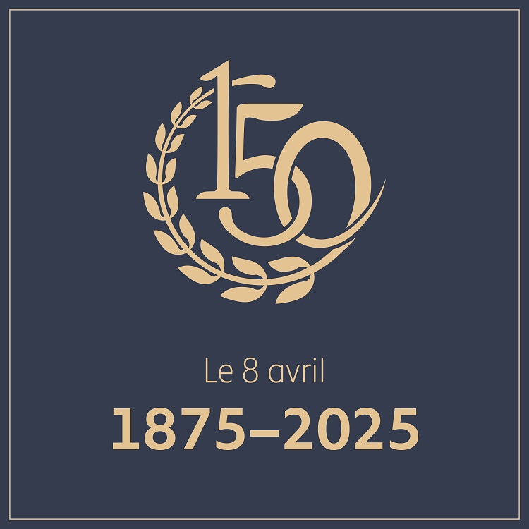 Le logo du 150e anniversaire de la Cour suprême du Canada avec le texte « Le 8 avril, 1875-2025 »