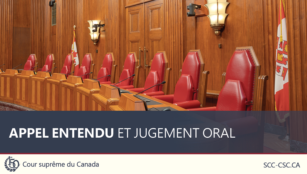 Le titre 'Appel entendu et jugement oral', superposé sur une photo du banc de la Cour suprême